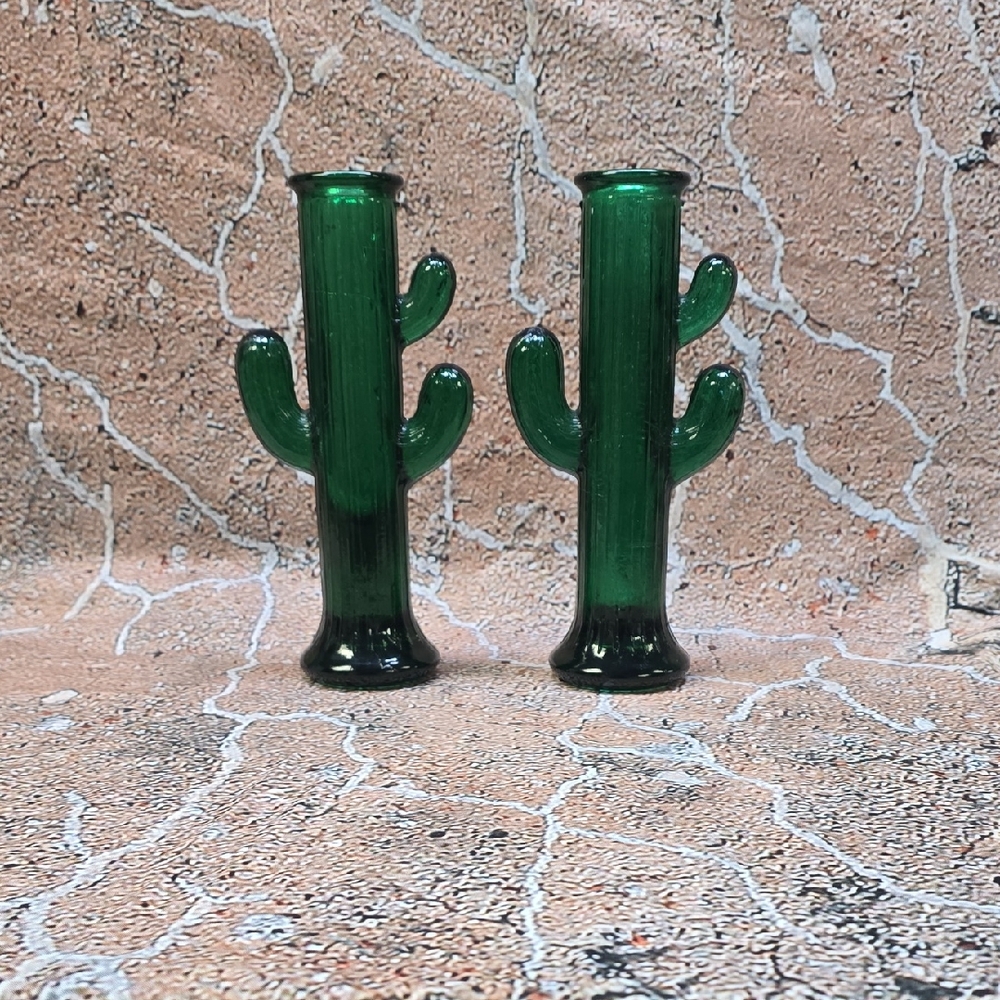 Vintage Pier 1 Green Glass Saguaro Cactus Taper Candle Holders Set of 2